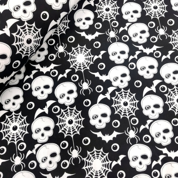 Halloween Polycotton - SKULLS AND SPIDERS ON BLACK